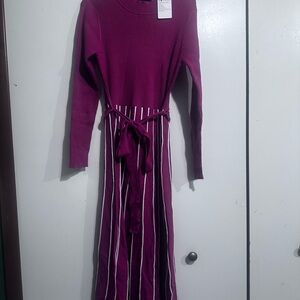 Ribbed Knit Long Sleeve Maxi Dress with Waist Tie - Plum with White Stripes